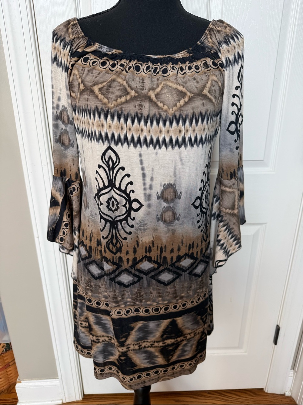 By Together Taupe, Black and Cream Boho Bell-Sleeve Dress